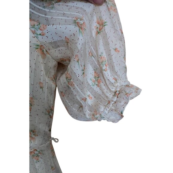 Floral Puff Sleeve Maxi Dress Beige/Pink Flowers Cottagecore Chic Boho Ruffle - Picture 3 of 8